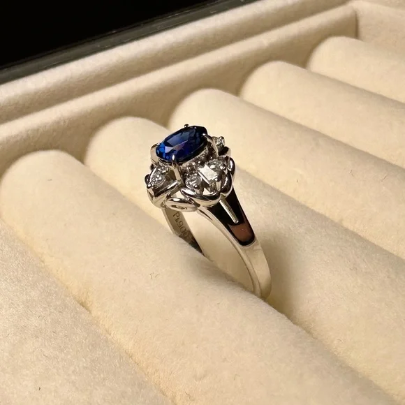 Platinum Natural Blue Sapphire & Diamond Jewelry Women Engagement Ring Size 4.9